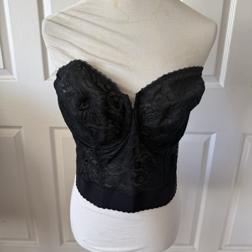 Adonna Bustier Bra 40DD Black Lace Strapless Longline Underwire Romantic Goth